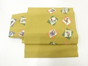 縮緬地型染玩具に家屋模様作り帯